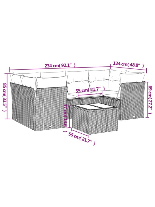 7-osaline aiadiivani komplekt patjadega, hall, polürotang