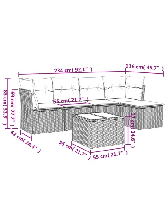 6-osaline aiadiivani komplekt patjadega, hall, polürotang