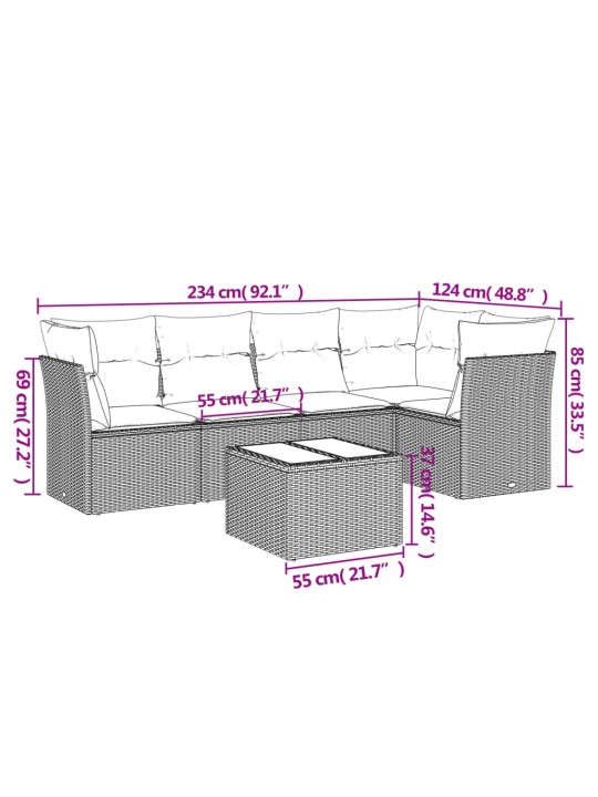 6-osaline aiadiivani komplekt patjadega, hall, polürotang