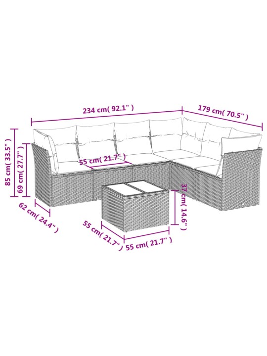 7-osaline aiadiivani komplekt patjadega, hall, polürotang