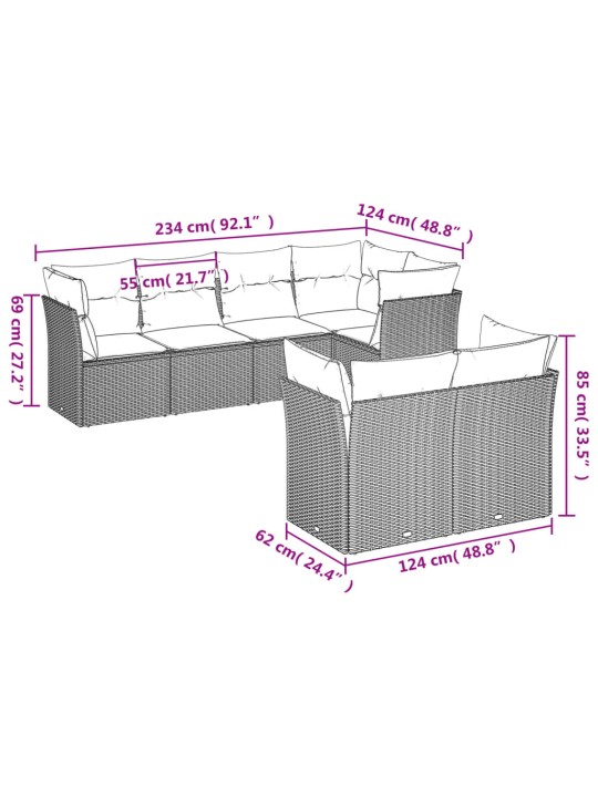 7-osaline aiadiivani komplekt patjadega, hall, polürotang