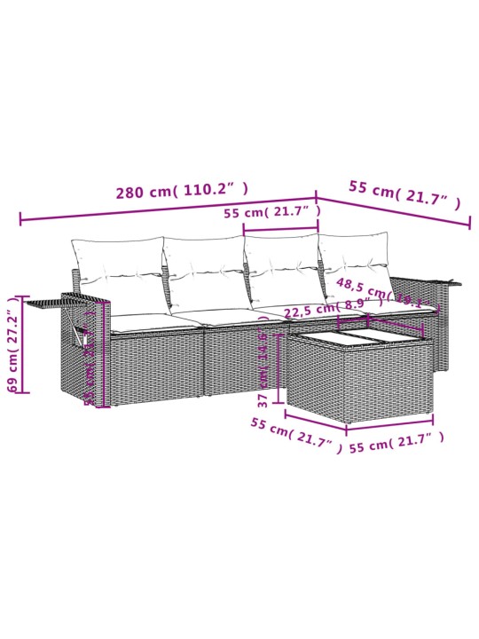 5-osaline aiamööblikomplekt istmepatjadega, polürotang, hall