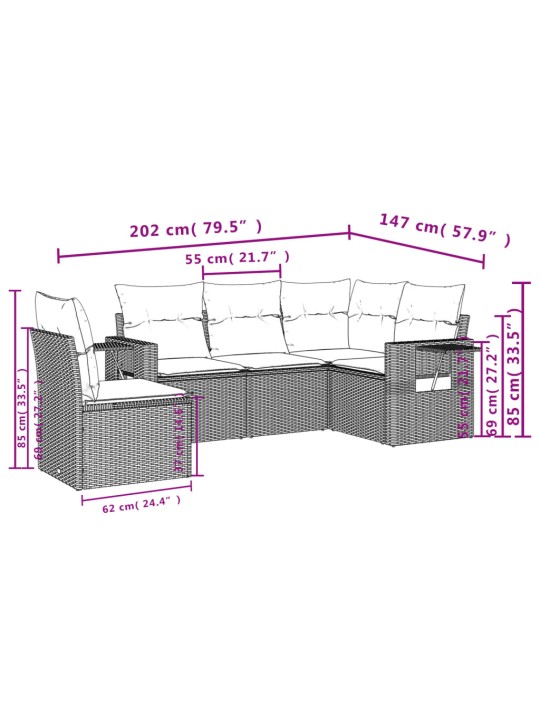 5-osaline aiamööblikomplekt istmepatjadega, polürotang, hall