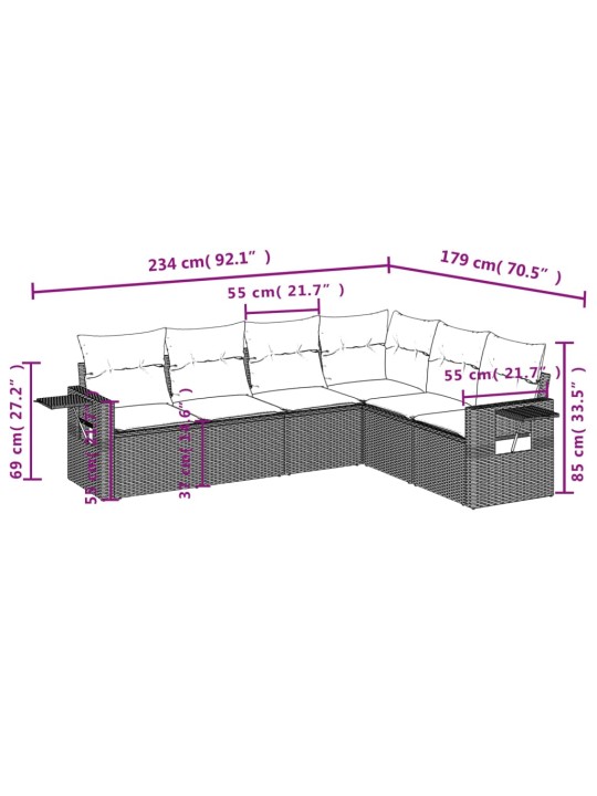 6-osaline aiadiivani komplekt patjadega, hall, polürotang