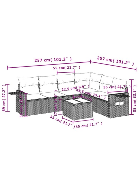 7-osaline aiamööblikomplekt patjadega, helehall, polürotang