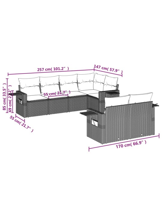 7-osaline aiadiivani komplekt patjadega, hall, polürotang