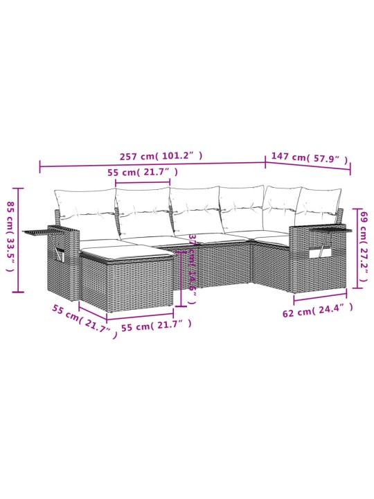 6-osaline aiadiivani komplekt patjadega, hall, polürotang