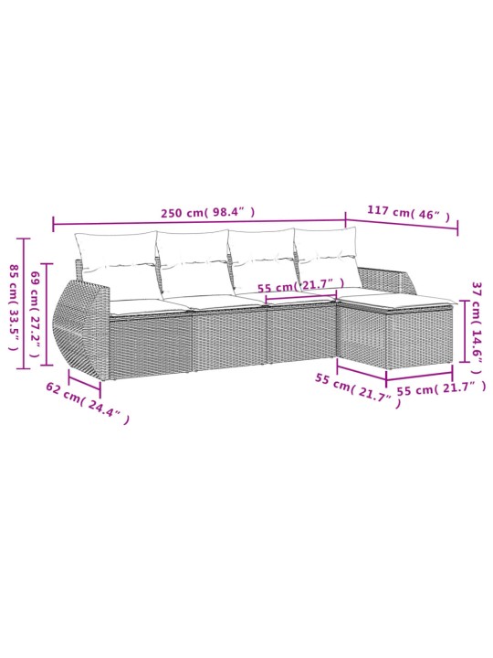 5-osaline aiamööblikomplekt istmepatjadega, polürotang, hall