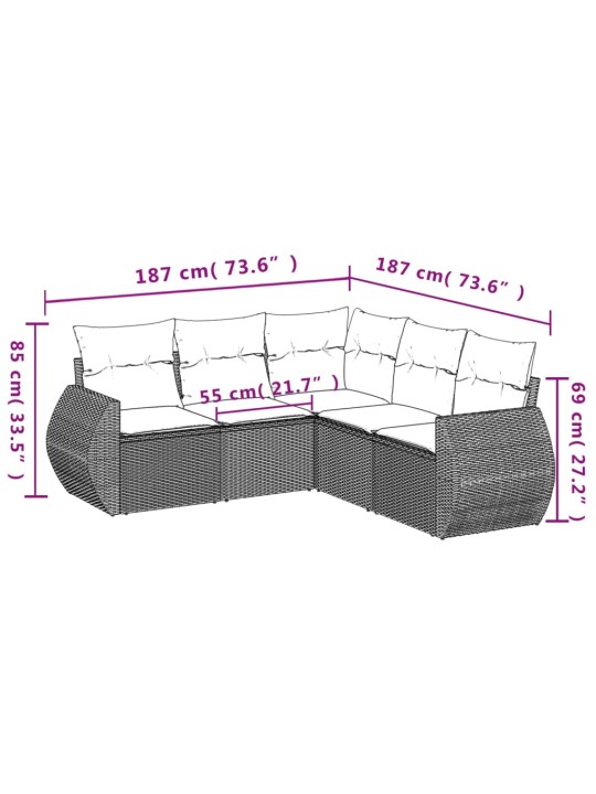 5-osaline aiamööblikomplekt istmepatjadega, polürotang, hall