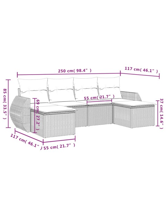 6-osaline aiadiivani komplekt patjadega, hall, polürotang