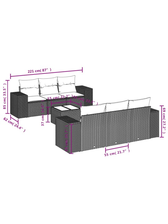 7-osaline aiadiivani komplekt patjadega, hall, polürotang