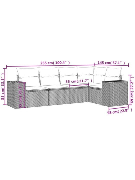 5-osaline aiamööblikomplekt istmepatjadega, polürotang, hall