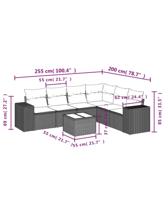 7-osaline aiadiivani komplekt patjadega, hall, polürotang