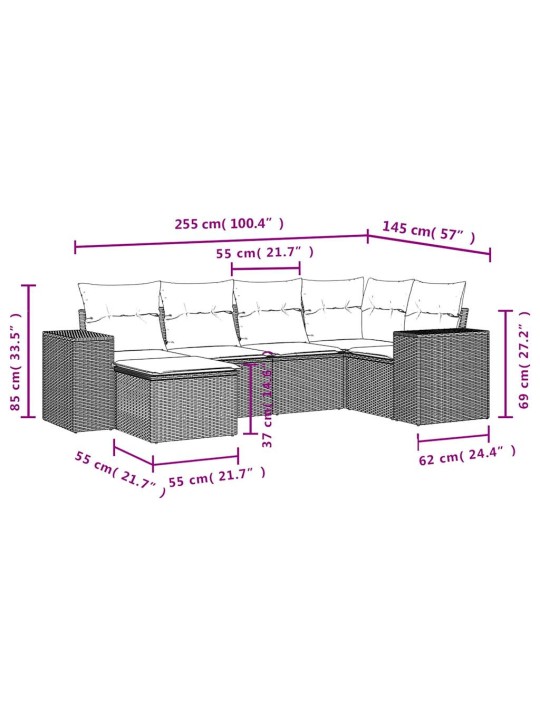 6-osaline aiadiivani komplekt patjadega, hall, polürotang