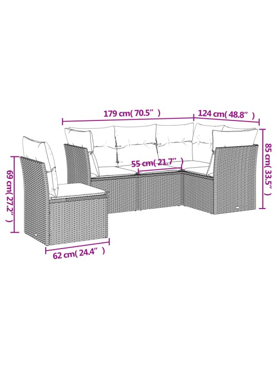 5-osaline aiamööblikomplekt istmepatjadega, polürotang, hall