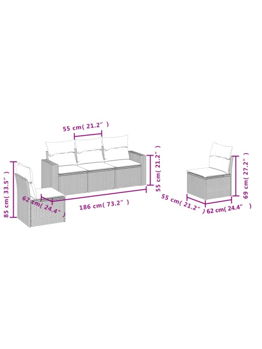 5-osaline aiamööblikomplekt istmepatjadega, polürotang, hall