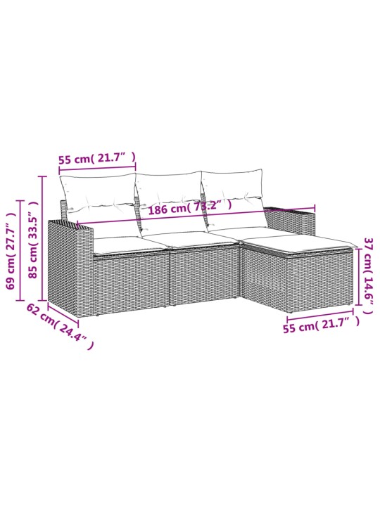 4-osaline aiadiivani komplekt patjadega, must, polürotang