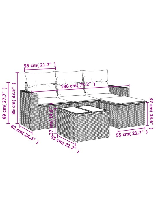 5-osaline aiamööblikomplekt istmepatjadega, polürotang, hall