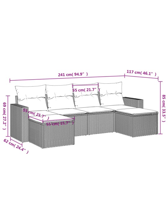 6-osaline aiadiivani komplekt patjadega, hall, polürotang