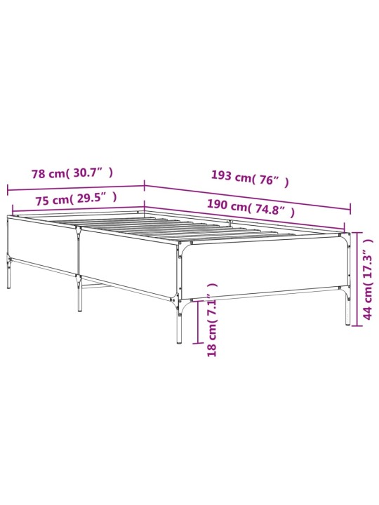 Voodiraam, hall sonoma tamm, 75 x 190 cm, tehispuit ja metall