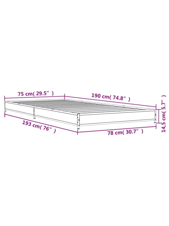 Voodiraam, hall sonoma tamm, 75 x 190 cm, tehispuit ja metall