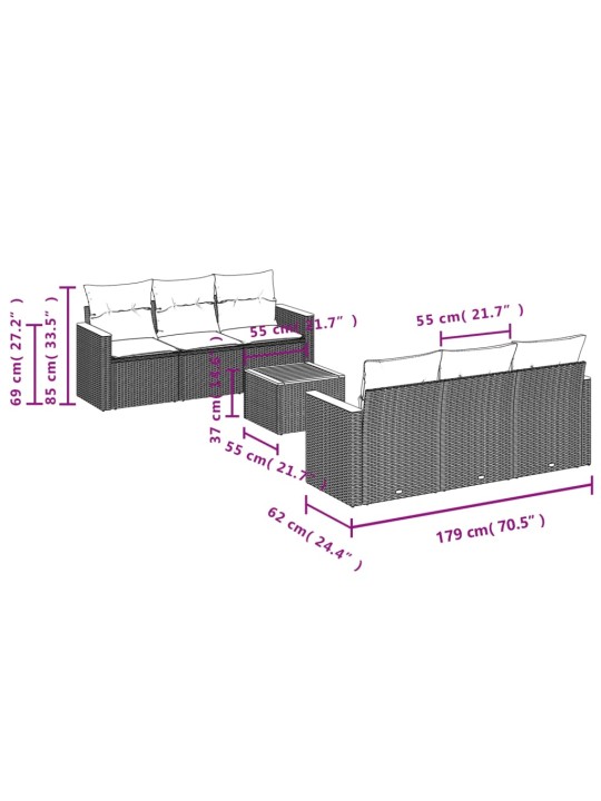 7-osaline aiadiivani komplekt patjadega, hall, polürotang