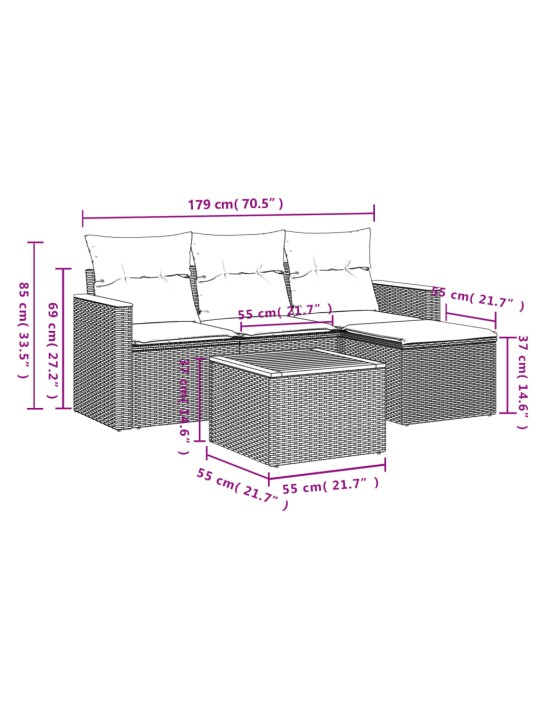 5-osaline aiamööblikomplekt istmepatjadega, polürotang, hall