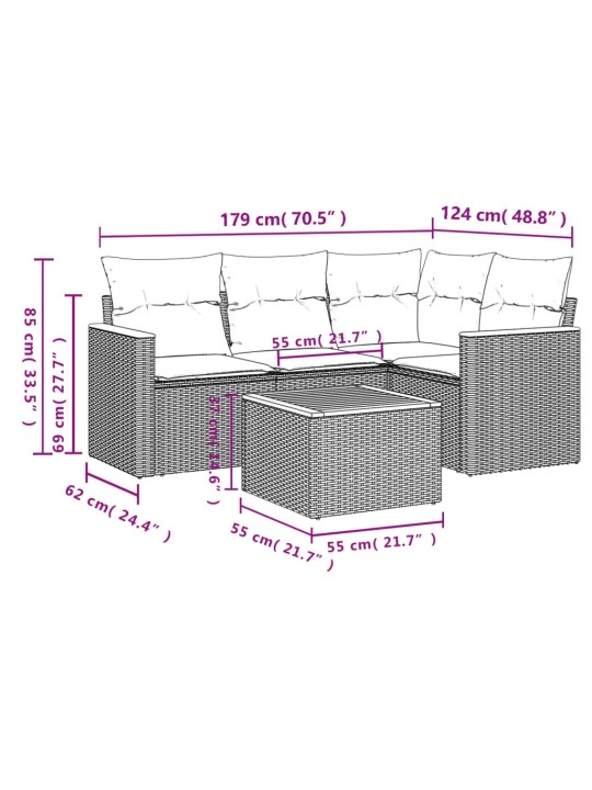 5-osaline aiamööblikomplekt istmepatjadega, polürotang, hall