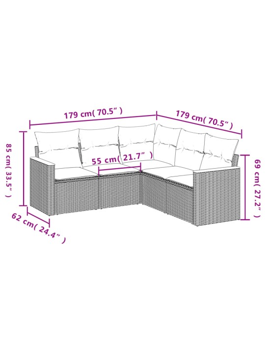 5-osaline aiamööblikomplekt istmepatjadega, polürotang, hall