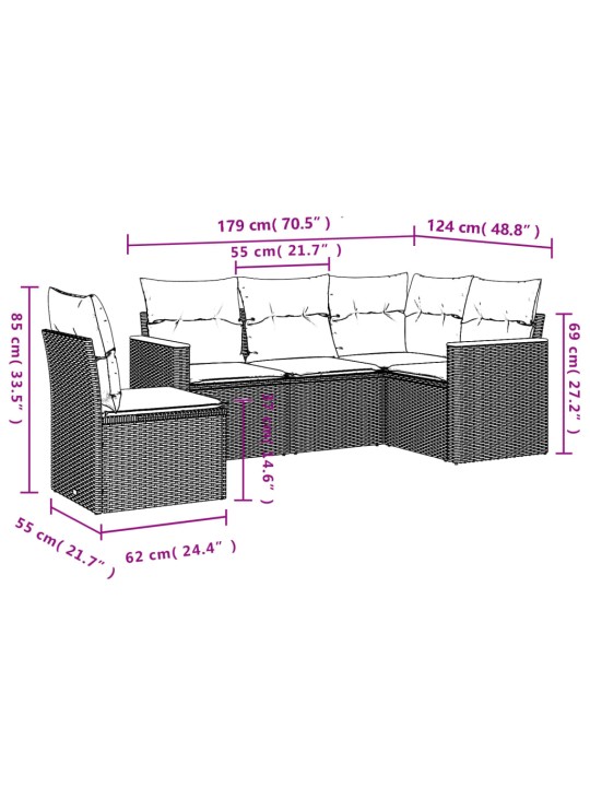 5-osaline aiamööblikomplekt istmepatjadega, polürotang, hall