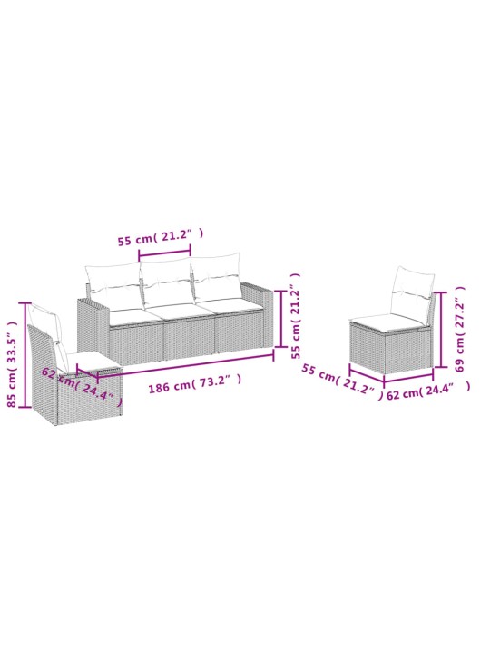 5-osaline aiamööblikomplekt patjadega, helehall, polürotang