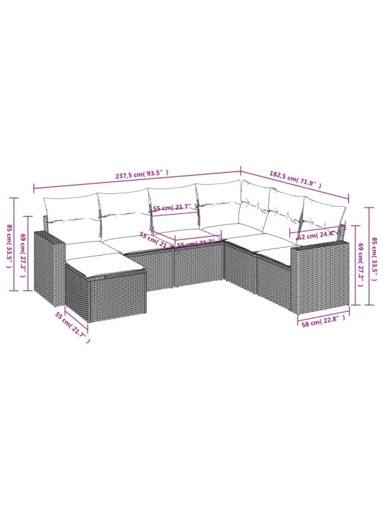 7-osaline aiadiivani komplekt patjadega, hall, polürotang