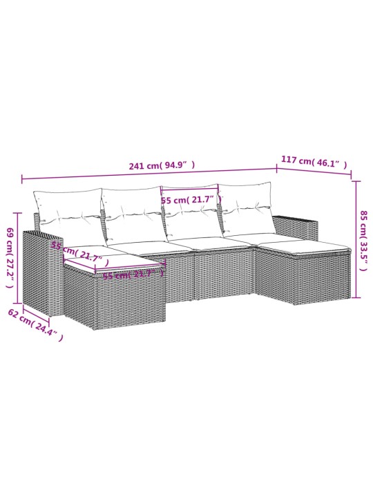 6-osaline aiadiivani komplekt patjadega, hall, polürotang