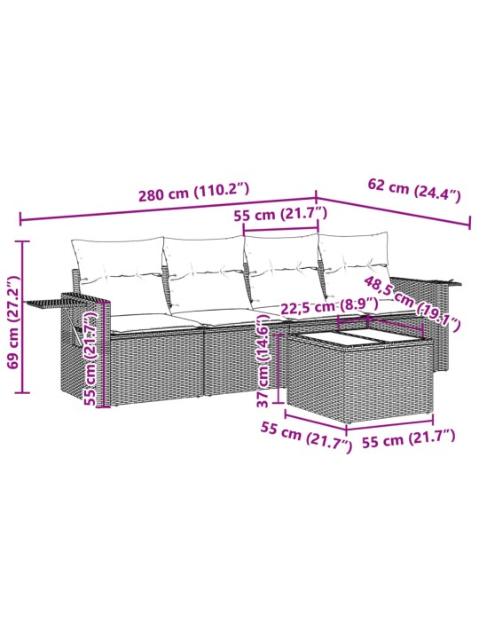 5-osaline aiamööblikomplekt patjadega, helehall, polürotang