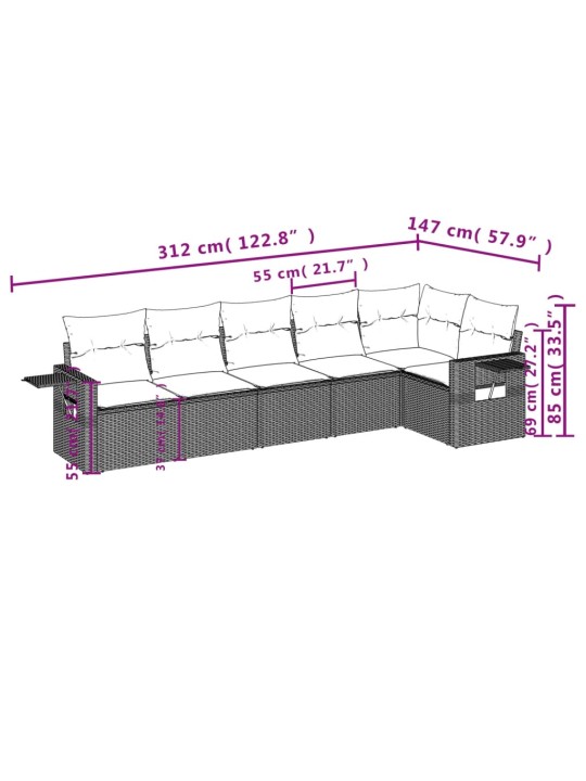 6-osaline aiadiivani komplekt patjadega, hall, polürotang