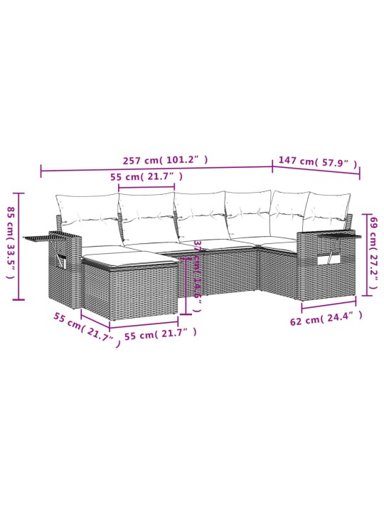 6-osaline aiadiivani komplekt patjadega, hall, polürotang