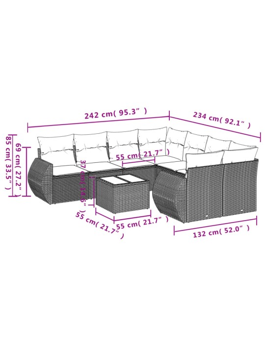 9-osaline aiadiivani komplekt patjadega, hall, polürotang