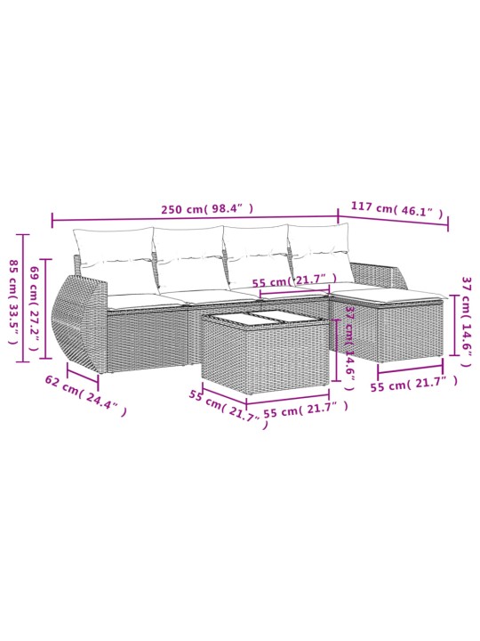 6-osaline aiadiivani komplekt patjadega, hall, polürotang