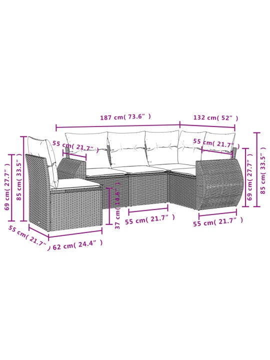 5-osaline aiamööblikomplekt istmepatjadega, polürotang, hall