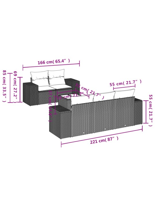 6-osaline aiadiivani komplekt patjadega, hall, polürotang