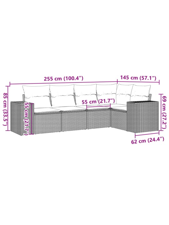 5-osaline aiamööblikomplekt istmepatjadega, polürotang, hall