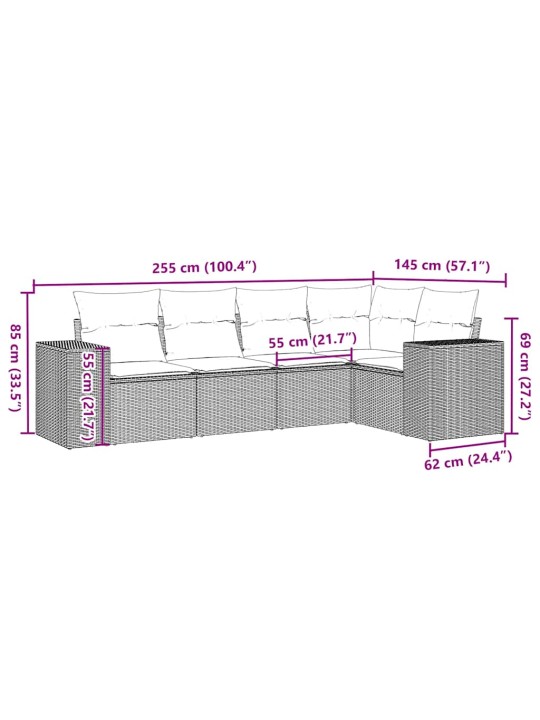 5-osaline aiamööblikomplekt patjadega, helehall, polürotang