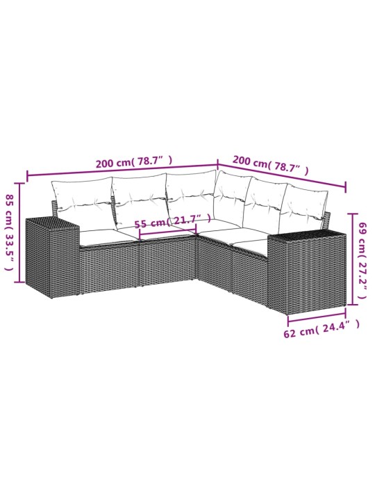 5-osaline aiamööblikomplekt istmepatjadega, polürotang, hall