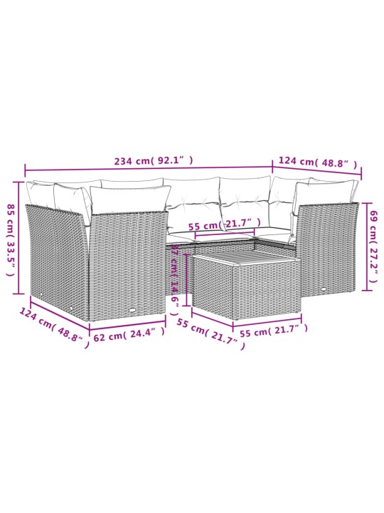 7-osaline aiadiivani komplekt patjadega, hall, polürotang