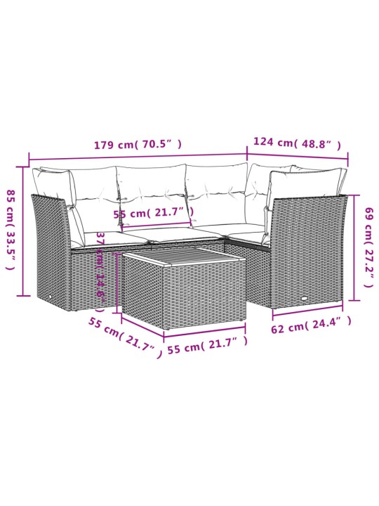 5-osaline aiamööblikomplekt istmepatjadega, polürotang, hall