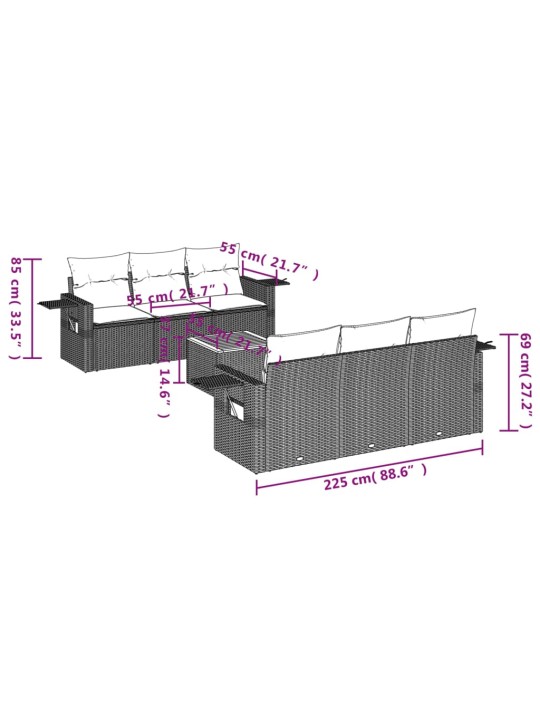 7-osaline aiadiivani komplekt patjadega, hall, polürotang