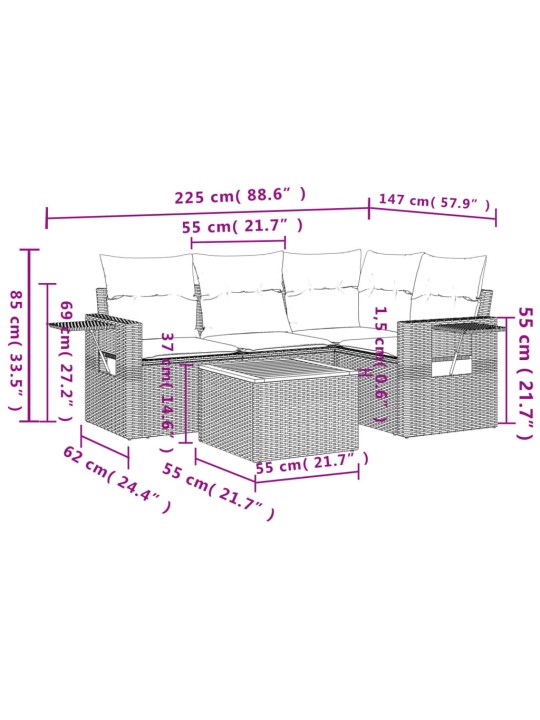 5-osaline aiamööblikomplekt istmepatjadega, polürotang, hall