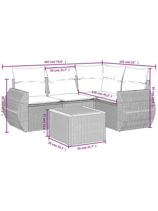 5-osaline aiamööblikomplekt istmepatjadega, polürotang, hall