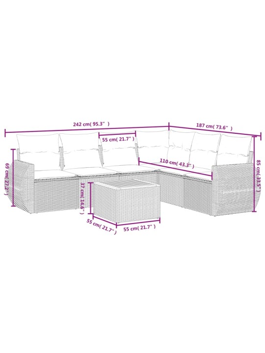 7-osaline aiadiivani komplekt patjadega, hall, polürotang