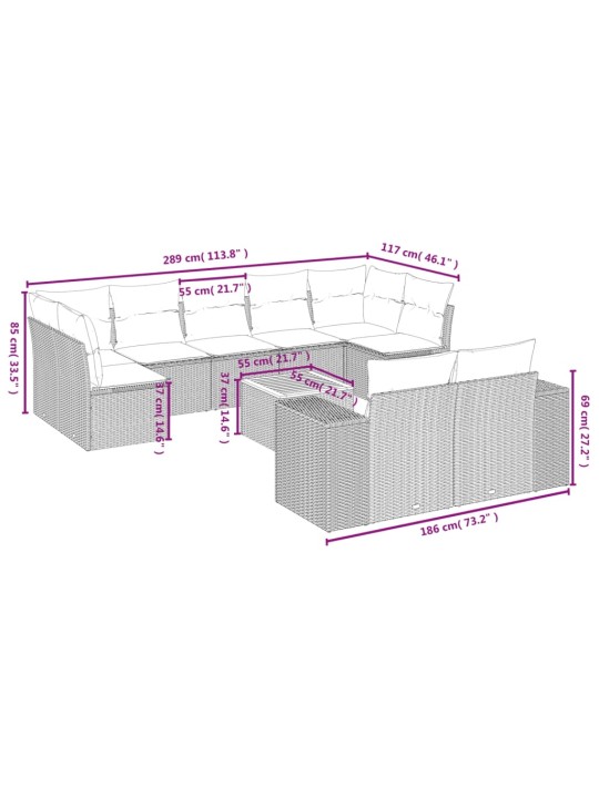 10-osaline aiadiivani komplekt patjadega, hall, polürotang